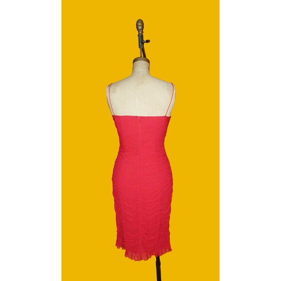 1990s CACHÉ Cherry Red SILK CHIFFON Draped Sleeveless Ruched Dress. Small. As Is - Picture 3 of 10